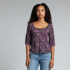 Free People Purple Floral Scoop-Neck Blouse 3/4 Sleeves tie back XS